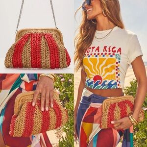 Orange Striped Two Tone Straw Clutch